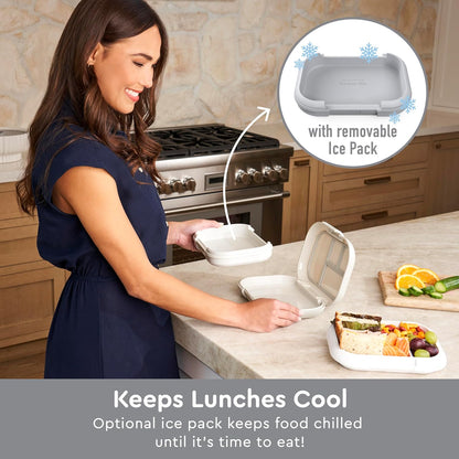 Children's Leak-Proof Lunch Box with Reusable Ice Pack - 4-Compartment Bento Container, Microwave & Dishwasher Safe, 2-Year Warranty (Gray)