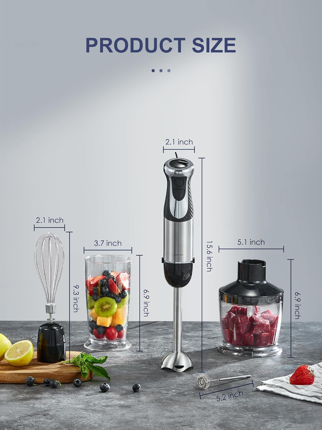 5-in-1 Handheld Immersion Blender, 1000W with Copper Motor and Stainless Steel Blade, Mixing Beaker, Food Processor, Whisk, Milk Frother(Black)