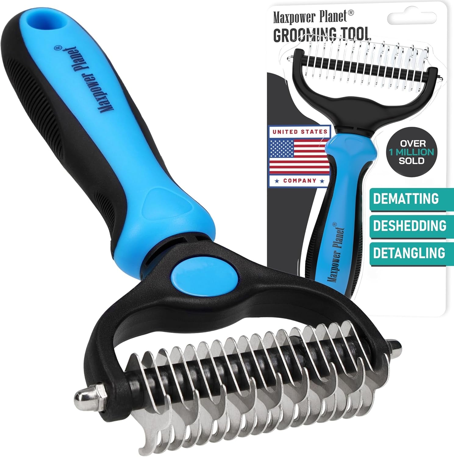 Pet Grooming Brush - Double-Sided Shedding, Demating Tool - Dogs, Cats - Undercoat Rake - Reduces Shedding by 95% - Blue