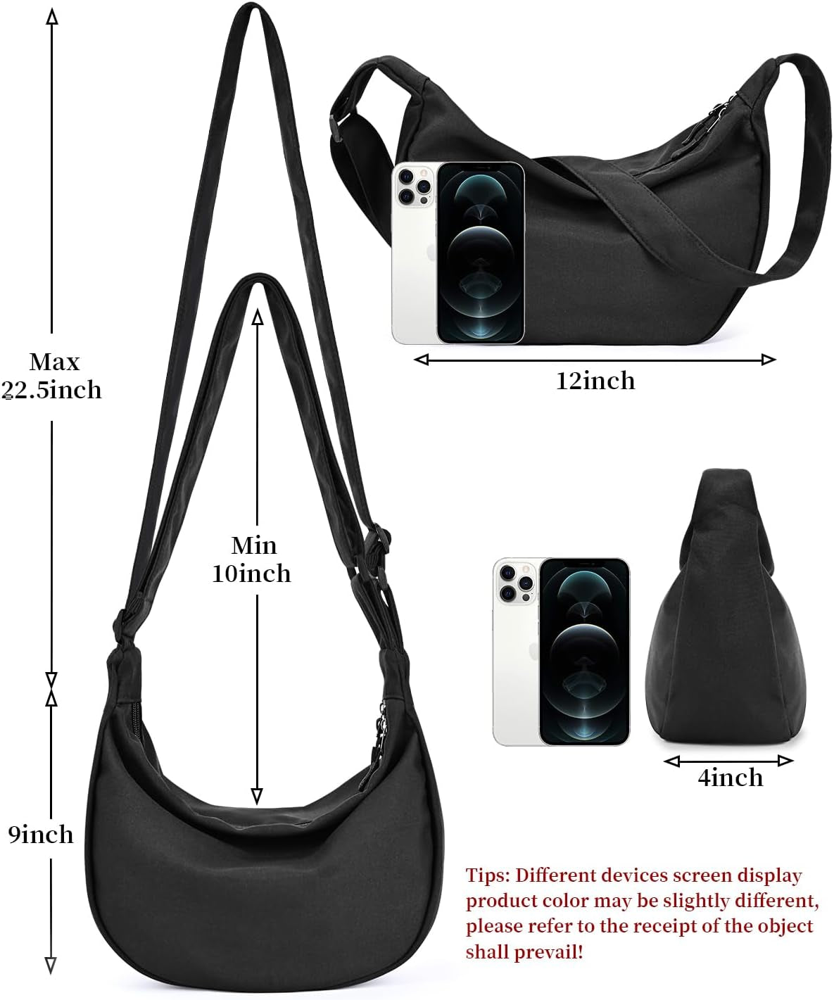 Trendy Mini Crescent Sling Crossbody Bag for Men and Women, Lightweight Nylon with Adjustable Strap and Dual Zippers