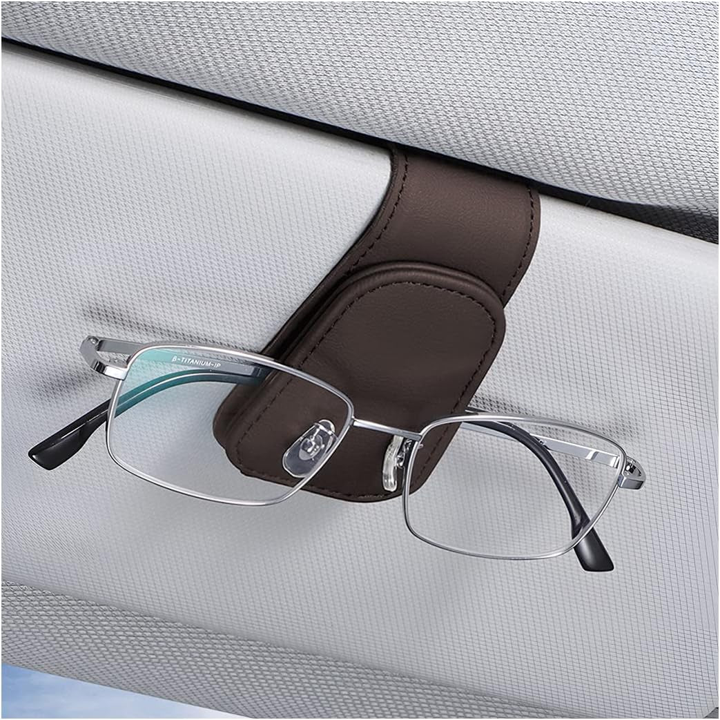 Car Sun Visor Sunglasses Holder, Leather Eyeglasses Hanger with Magnetic Clip - Universal Auto Interior Accessory 