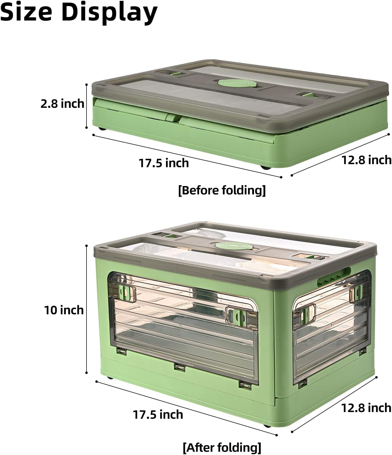  Set of 2 (Green) 32-Quart Collapsible Storage Bins with Wheels, Stackable Plastic Storage Boxes with Four Doors and Lids