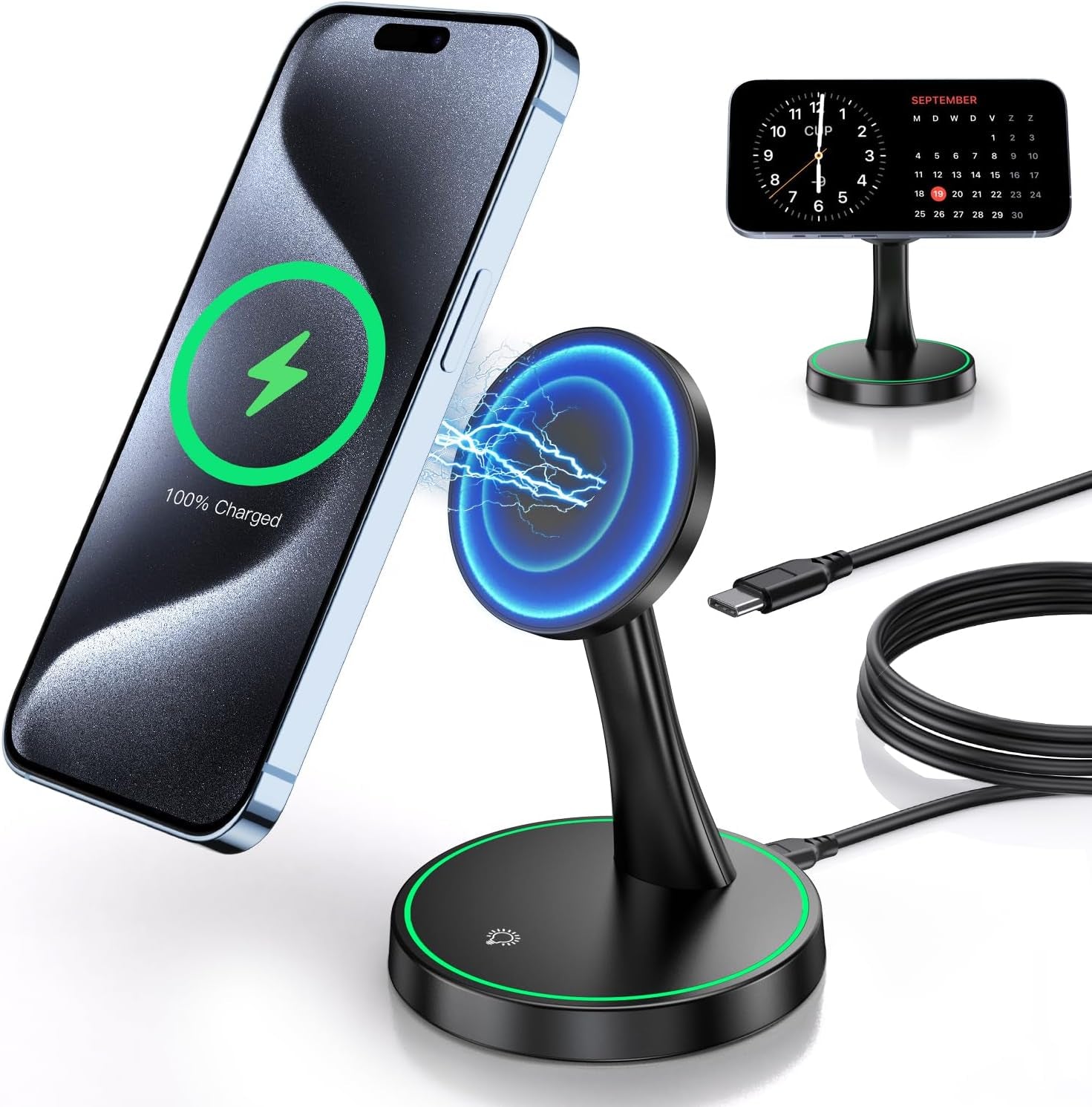 15W Fast Magnetic Wireless Charger Stand for iPhone with Sleep-Friendly Light for AirPods 3/Pro/2
