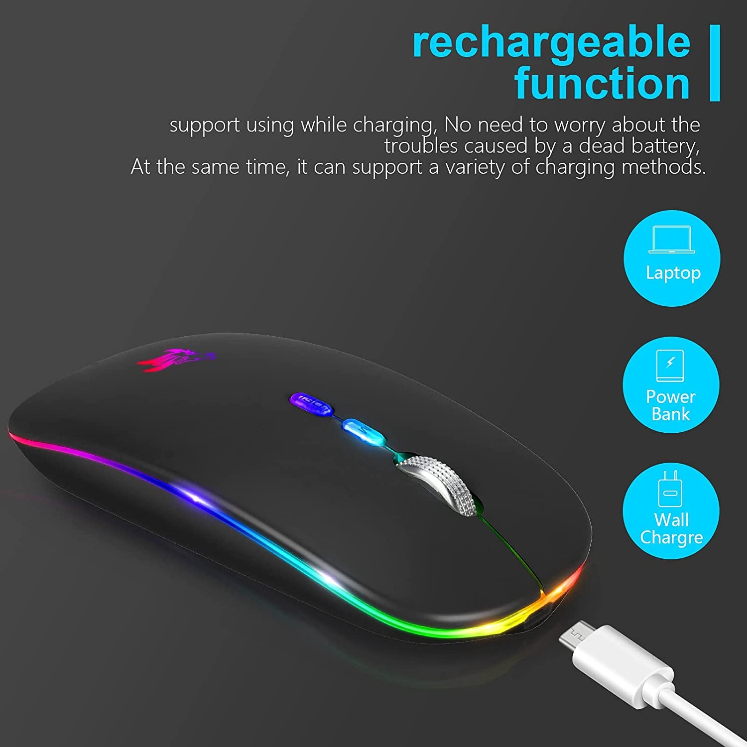 LED Wireless Mouse, Slim Rechargeable Silent Bluetooth Mouse, Portable USB Optical 2.4G Wireless Bluetooth Two Mode Computer Mice with USB Receiver and Type C Adapter (Black)