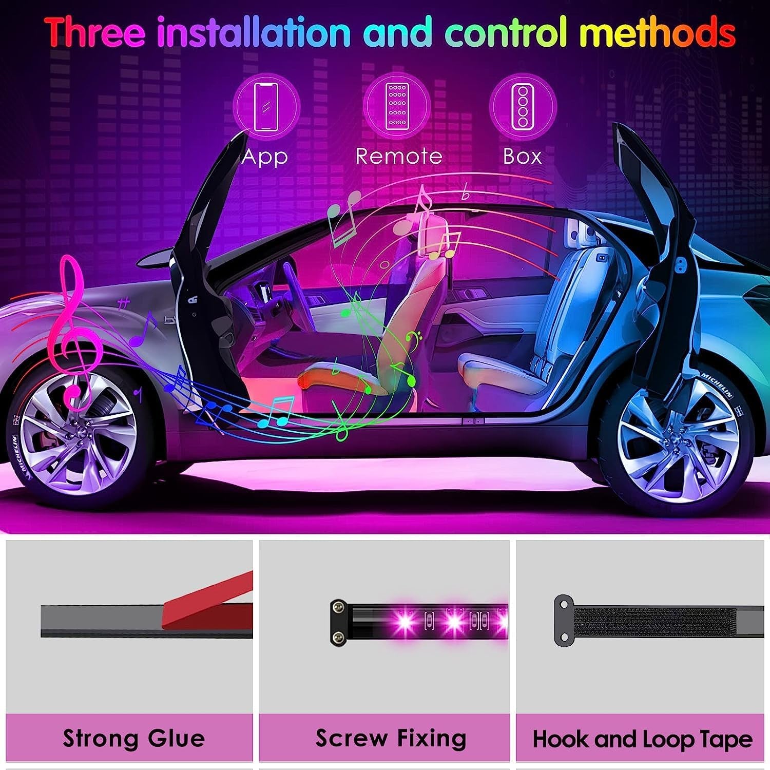 Interior LED Car Lighting System with Remote and App Control, Music Sync, RGB Color Change, and 12V Car Charger