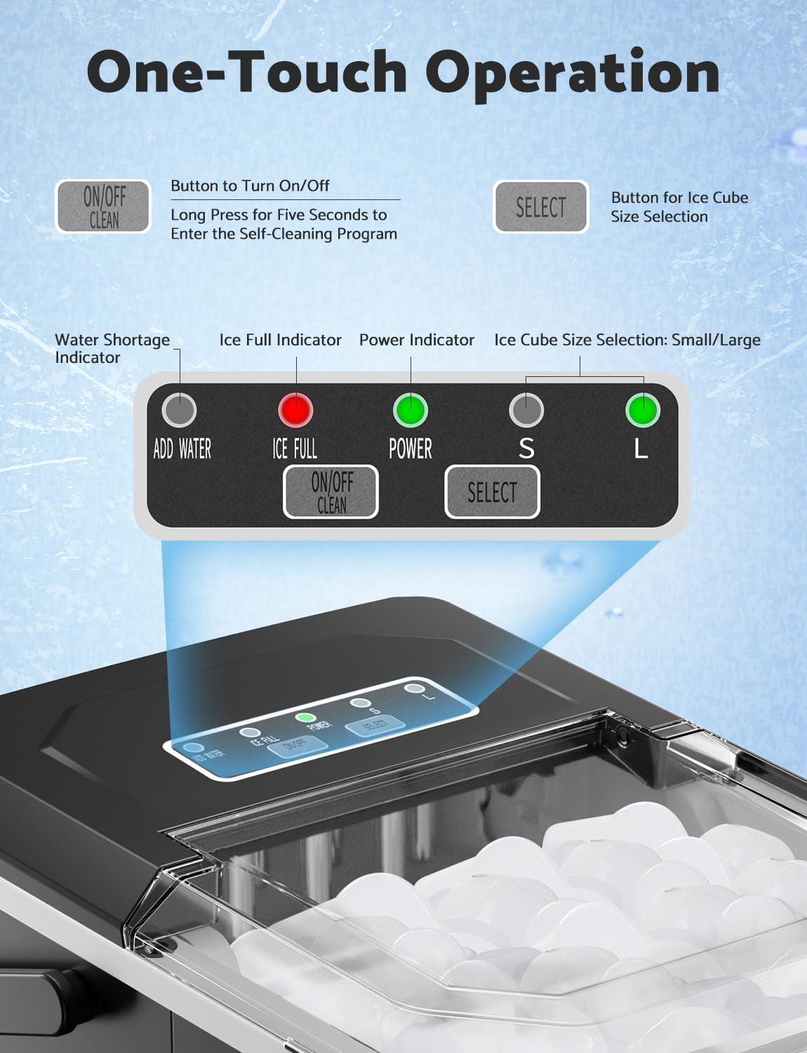 Countertop Ice Maker Machine - Produces 9 Ice Cubes in 6-8 Minutes, 26.5 lbs Daily Capacity, Self-Cleaning with Ice Scoop