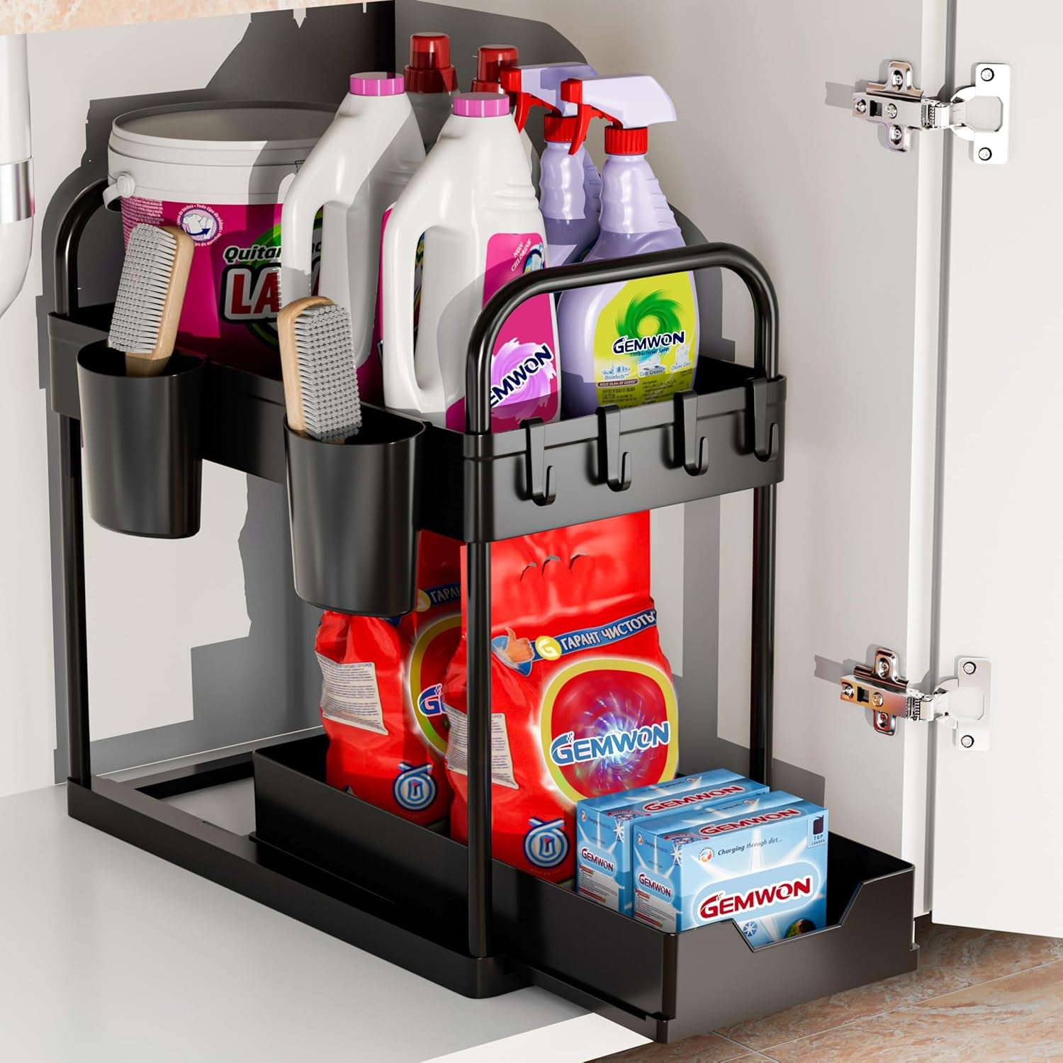 2-Pack 2-Tier Under Sink Organizer with Sliding Design, Hooks, and Hanging Cups for Kitchen and Bathroom Storage - Black