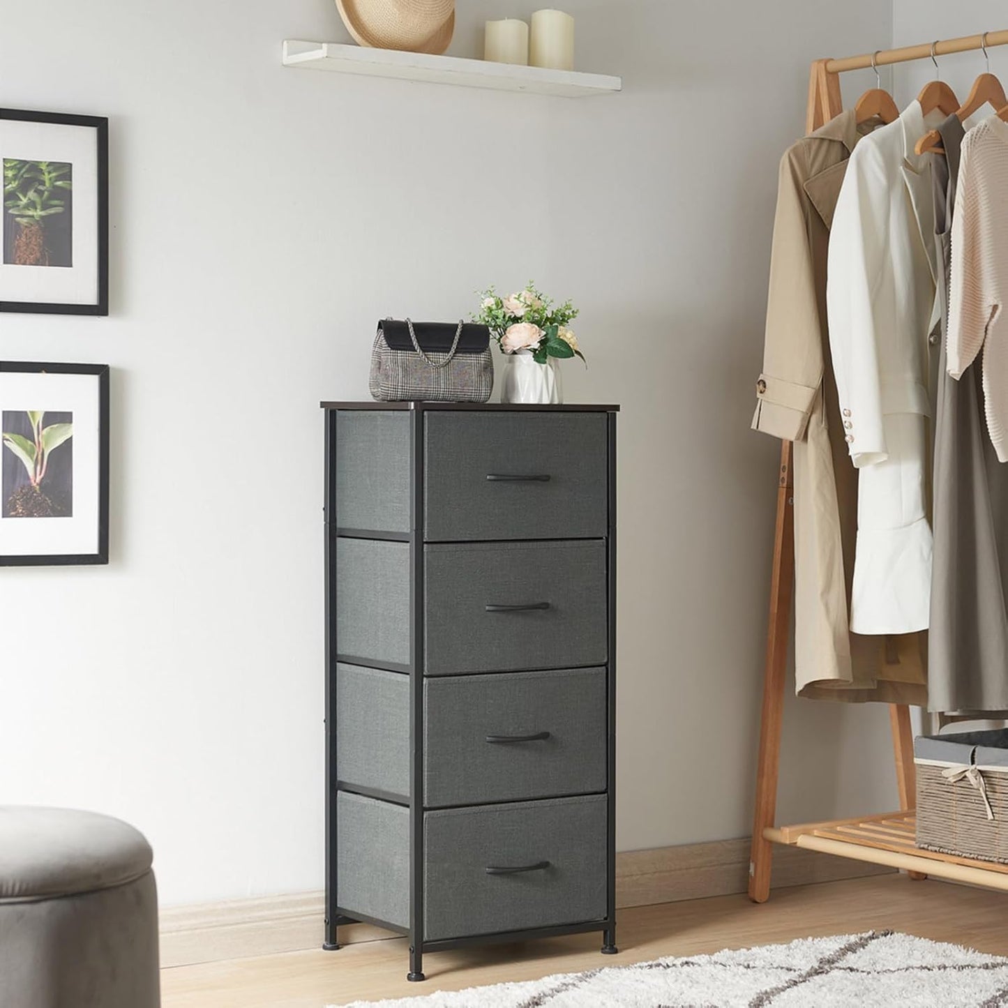 Tall Dresser for Bedroom, 4 Drawer Storage Organizer Chest of Drawers with Removable Fabric Bins for Living Room Closet Bedside Nursery Laundry Entryway Hallway, Charcoal Grey