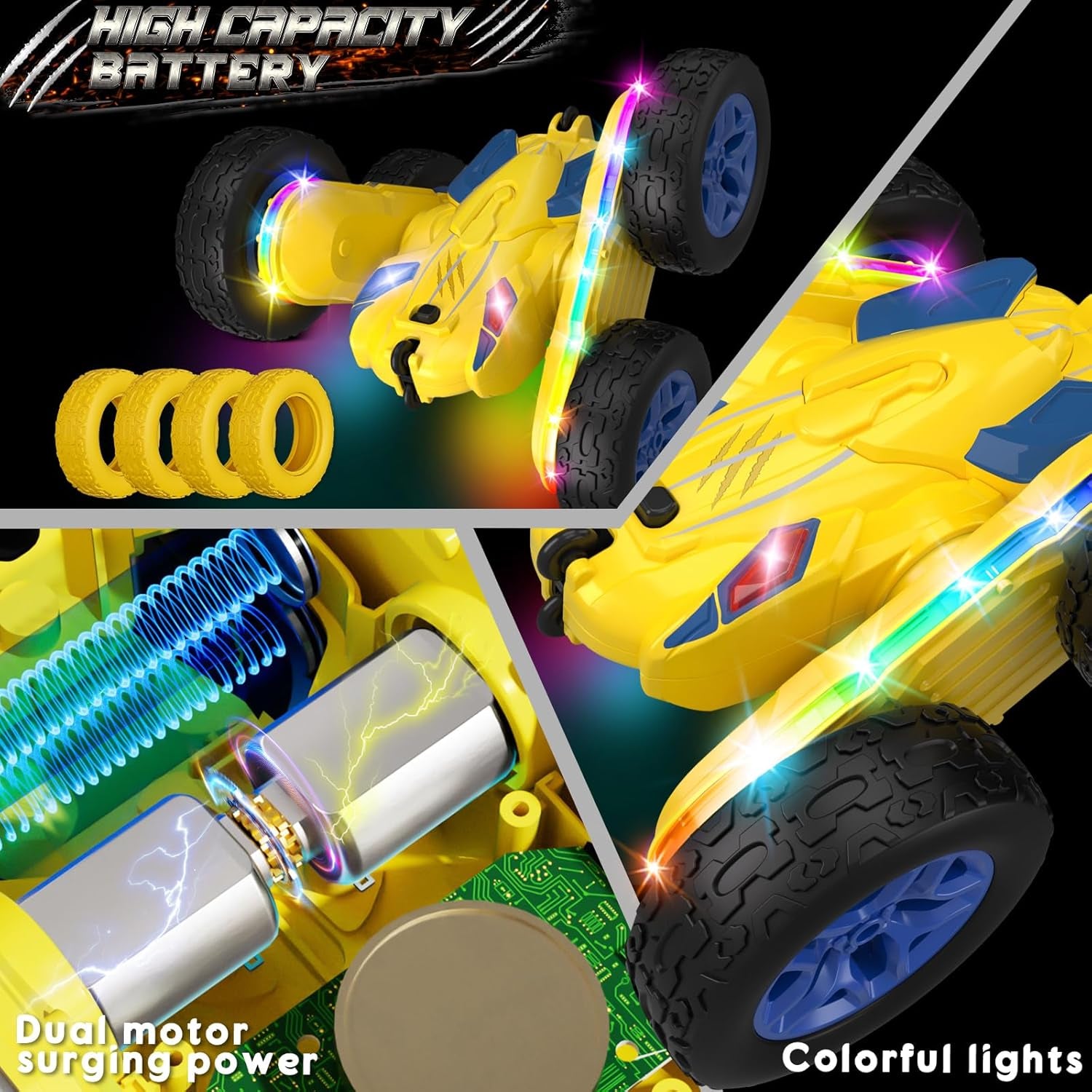 Remote Control Stunt Car-LED Light Strips, Headlights, 2.4GHz All-Terrain Double-Sided 360° Rotating RC Vehicle Ages 8+