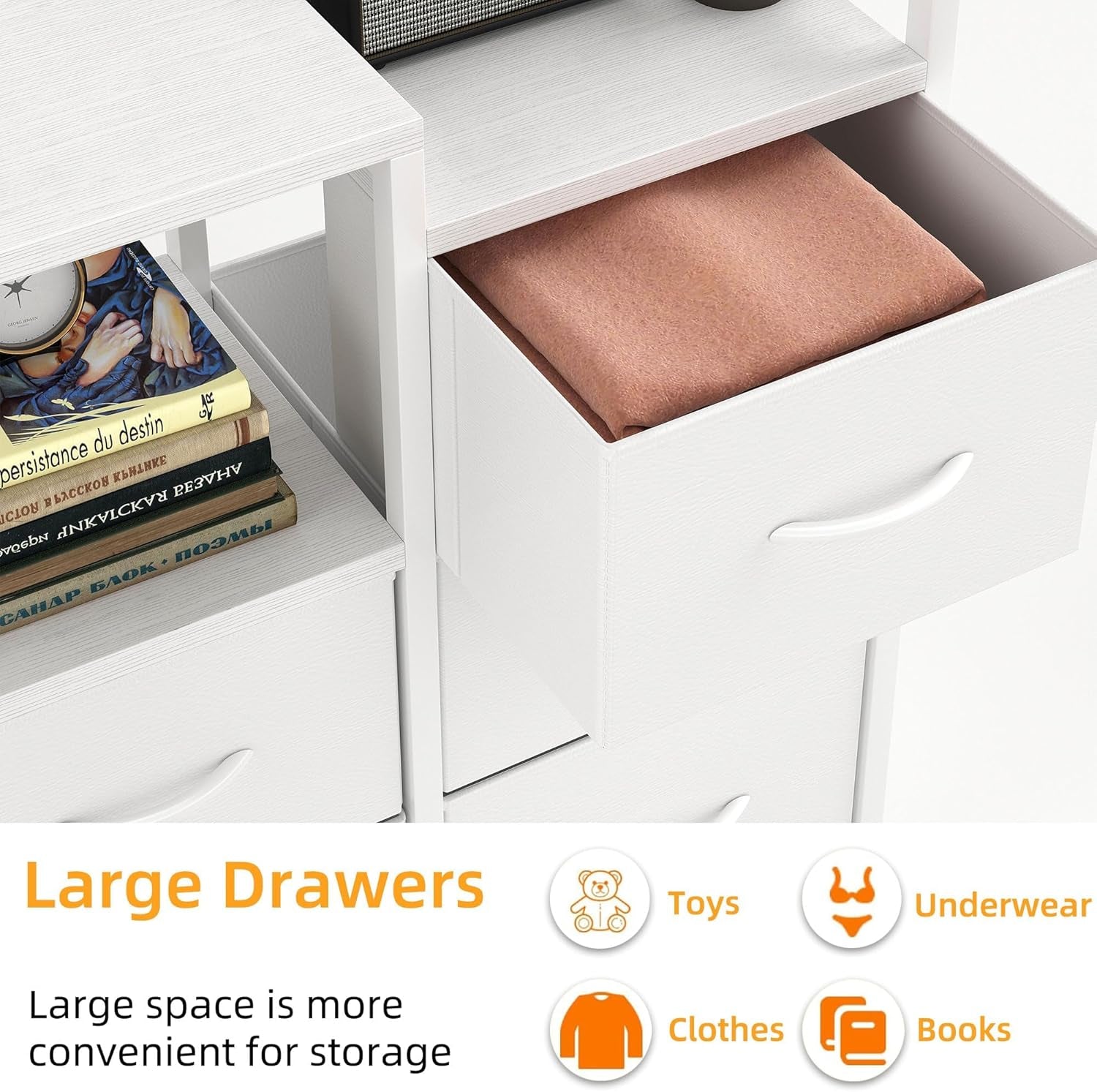 Fabric Dresser for Bedroom, 5 Drawer 3-Tire Dresser, Storage Tower with Fabric Bins, Storage Cabinet for Entryway, Living Room & Closets (White)