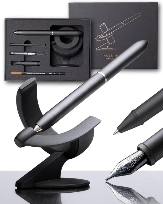Hoverpen Future Edition - Luxury Fountain and Rollerball Pen Gift Set, Fine Nib, Futuristic Design, Metal Construction, Executive Spinning Pen, Ideal Gifts for Men (Deep Black)