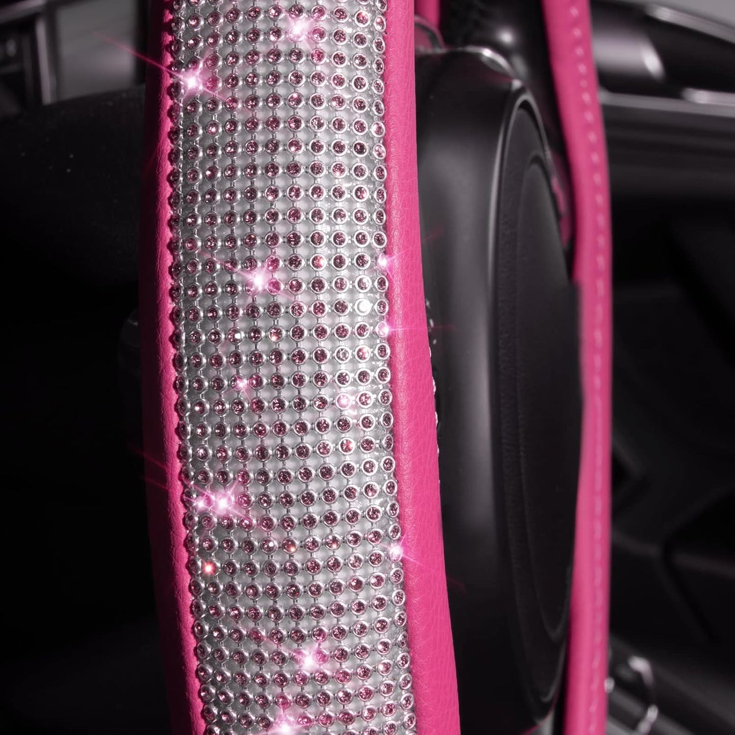 Diamond Pink Leather Steering Wheel Cover - Crystal Rhinestones - Universal Fit 14.5" to 15" - Sparkling Accessory