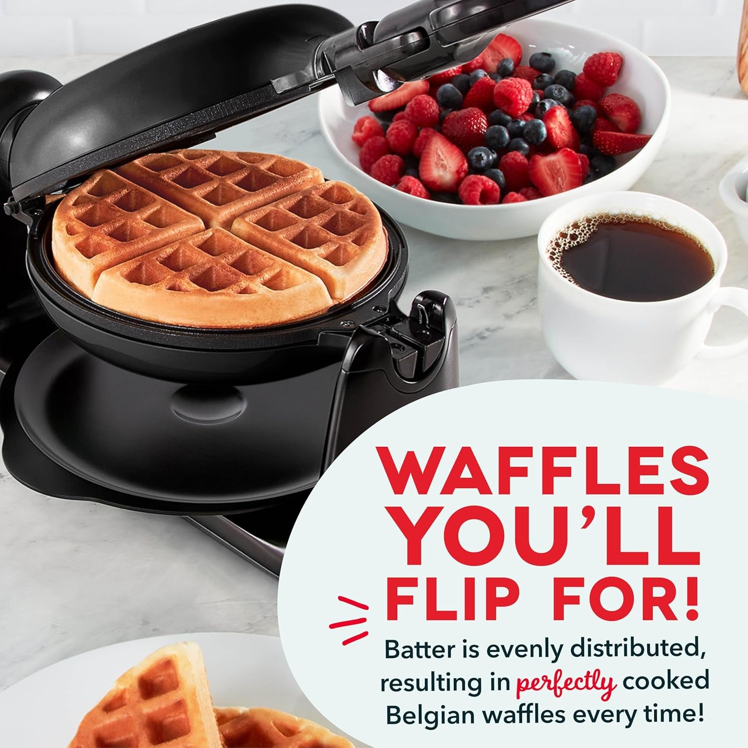 Belgian Waffle Maker with Rotating Design – 1” Thick Nonstick Waffle Iron for Quick Heat-Up, Ideal for Families and Kids (Black)