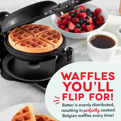Belgian Waffle Maker with Rotating Design – 1” Thick Nonstick Waffle Iron for Quick Heat-Up, Ideal for Families and Kids (Black)