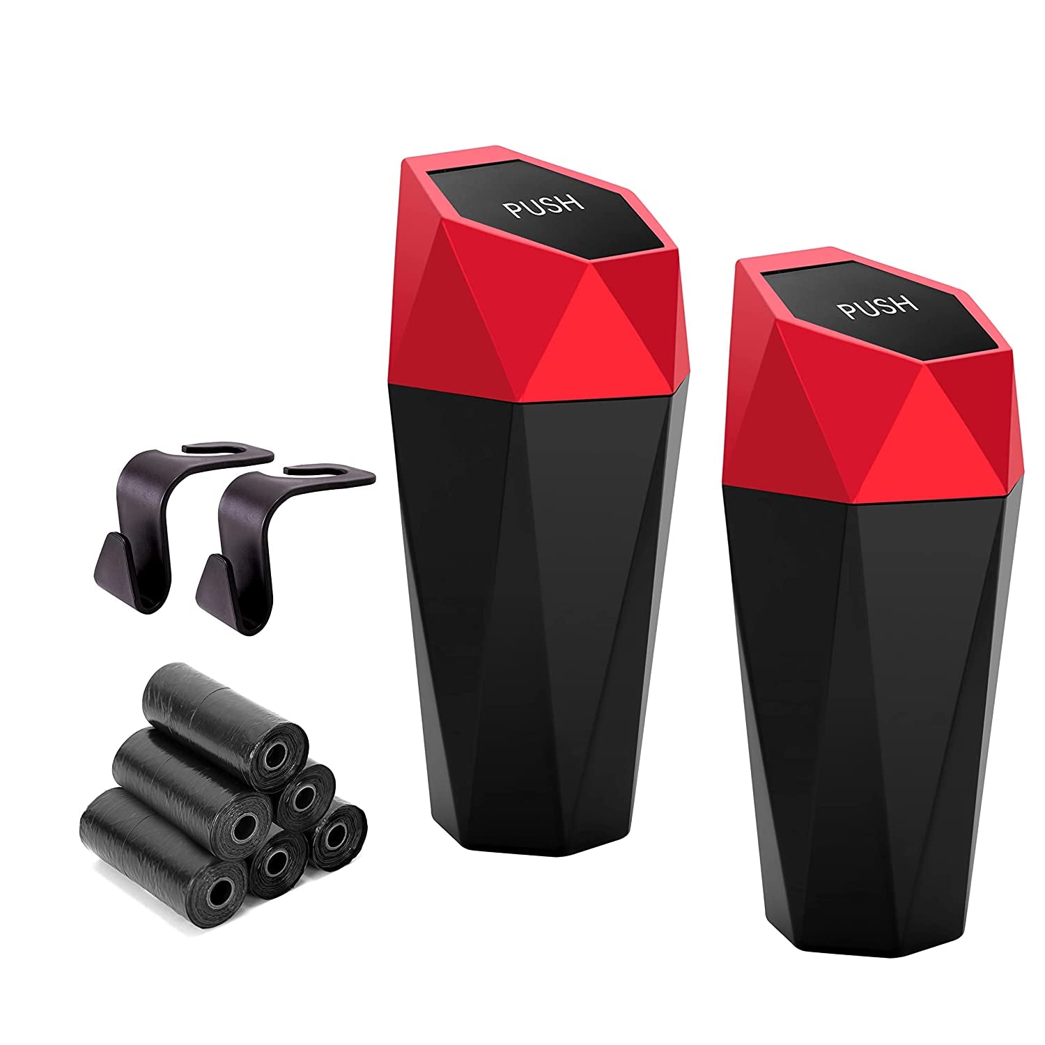 Car Trash Can with Lid - Set of 2 Mini Cup Holder Trash Bins, Leakproof, Includes 2 Hooks and 90 Trash Bags - Black