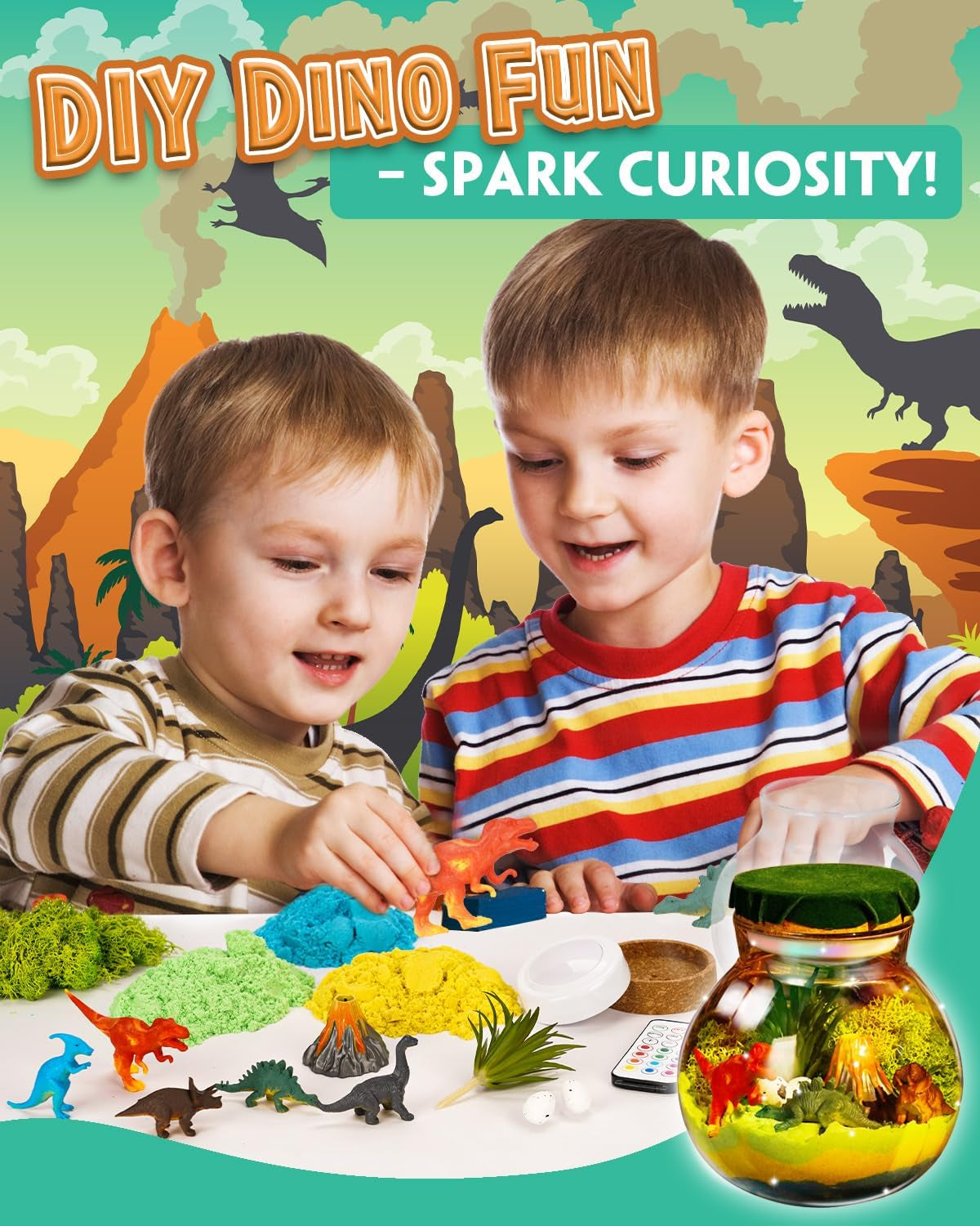 Illuminated Dinosaur Terrarium Kit for Children - DIY Arts & Crafts for Ages 4+LED Night Light with Remote Control