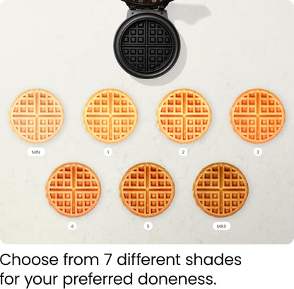 Professional Anti-Overflow Belgian Waffle Maker with Shade Selector, Temperature Control, Mess-Free Moat, Round Nonstick Plates, Cool Touch Handle, and Measuring Cup - Black