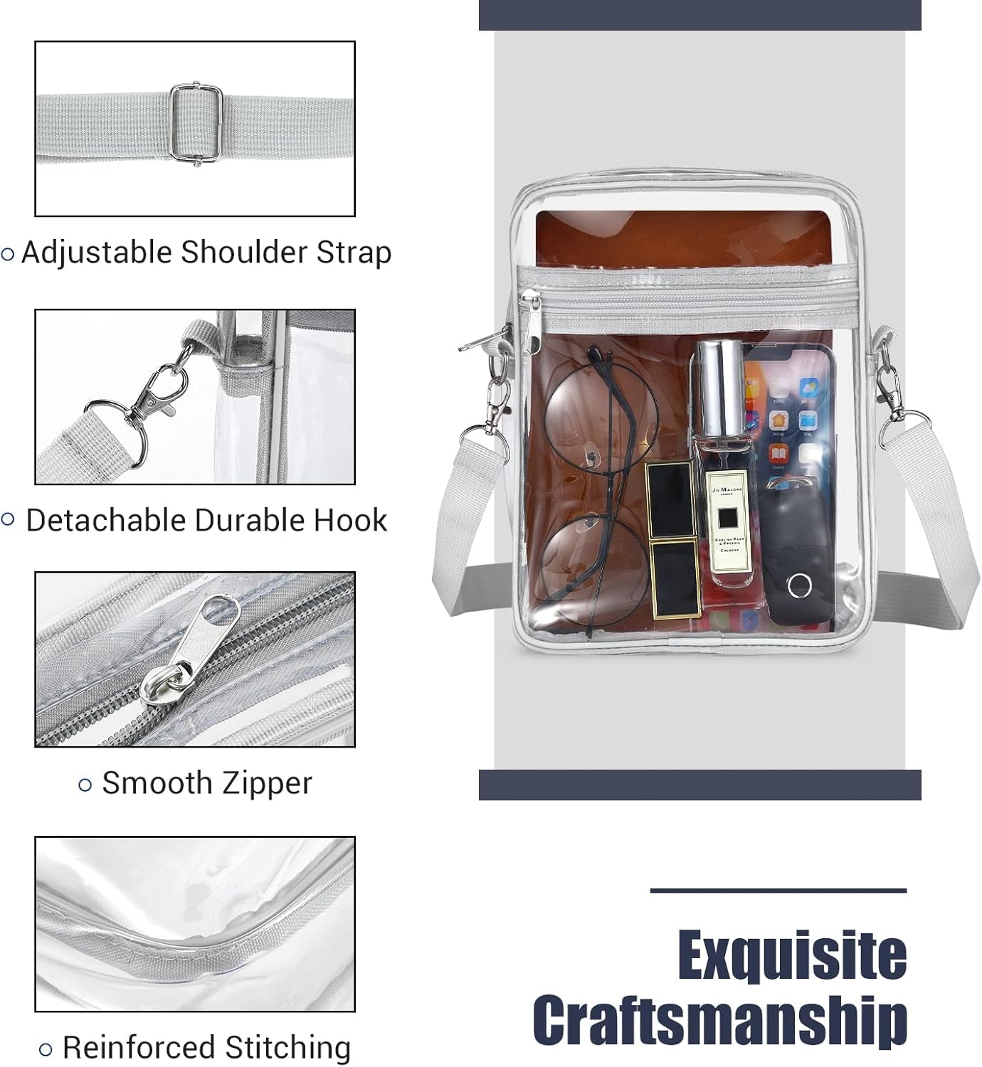 Clear Stadium-Approved Crossbody Bag with Adjustable Strap for Concerts, Festivals, and Sporting Events