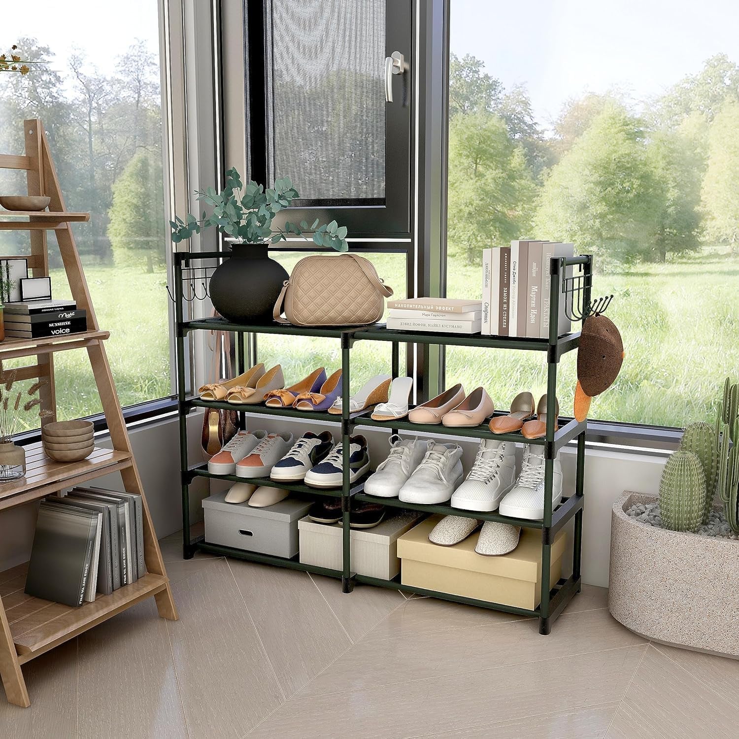 4-Tier Black Metal Shoe Rack with Multifunctional Hooks, Stackable Design for 20 Pairs, Space-Saving Solution for Closets and Showrooms