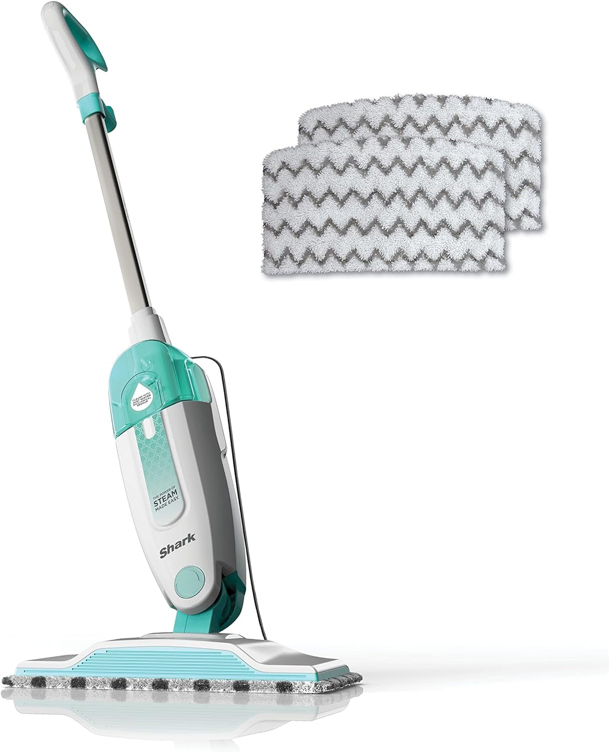 Lightweight Steam Mop with Two Machine Washable Dirt Grip Pads, Safe for All Sealed Hard Floors, Removable Water Tank, White/Seafoam