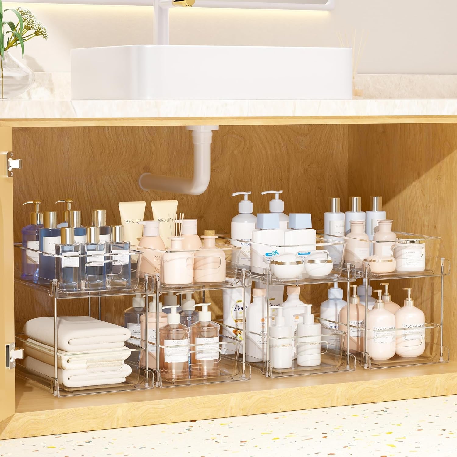 2-Tier Clear Bathroom Storage Organizer Set - Under-Sink and Vanity Counter Containers with Pull-Out Track System