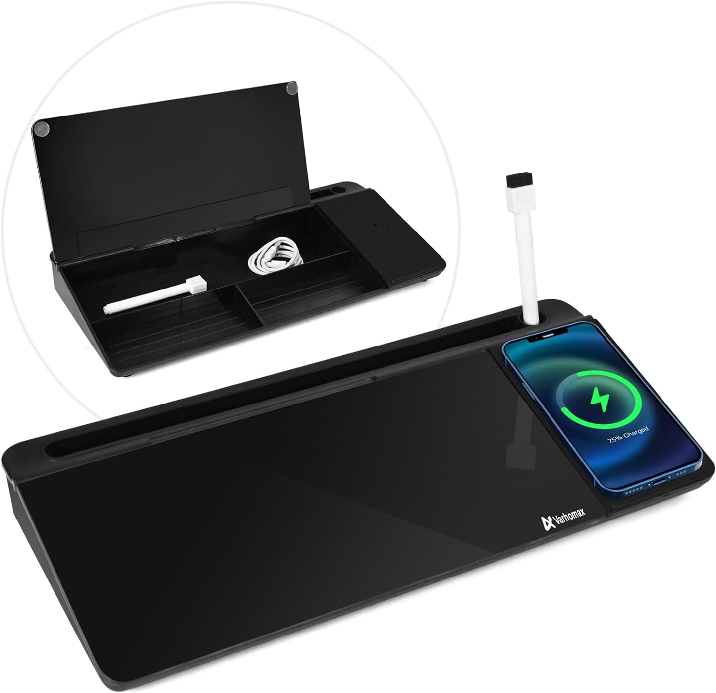 Dry Erase Glass Desk Whiteboard with Storage Caddy - Desktop Memo Notepad for Home Office and School (Gray)