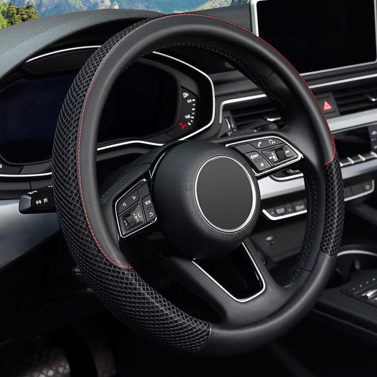 Universal 15-Inch Microfiber Leather Steering Wheel Cover - Breathable, Anti-Slip, Temperature Regulating (Black)
