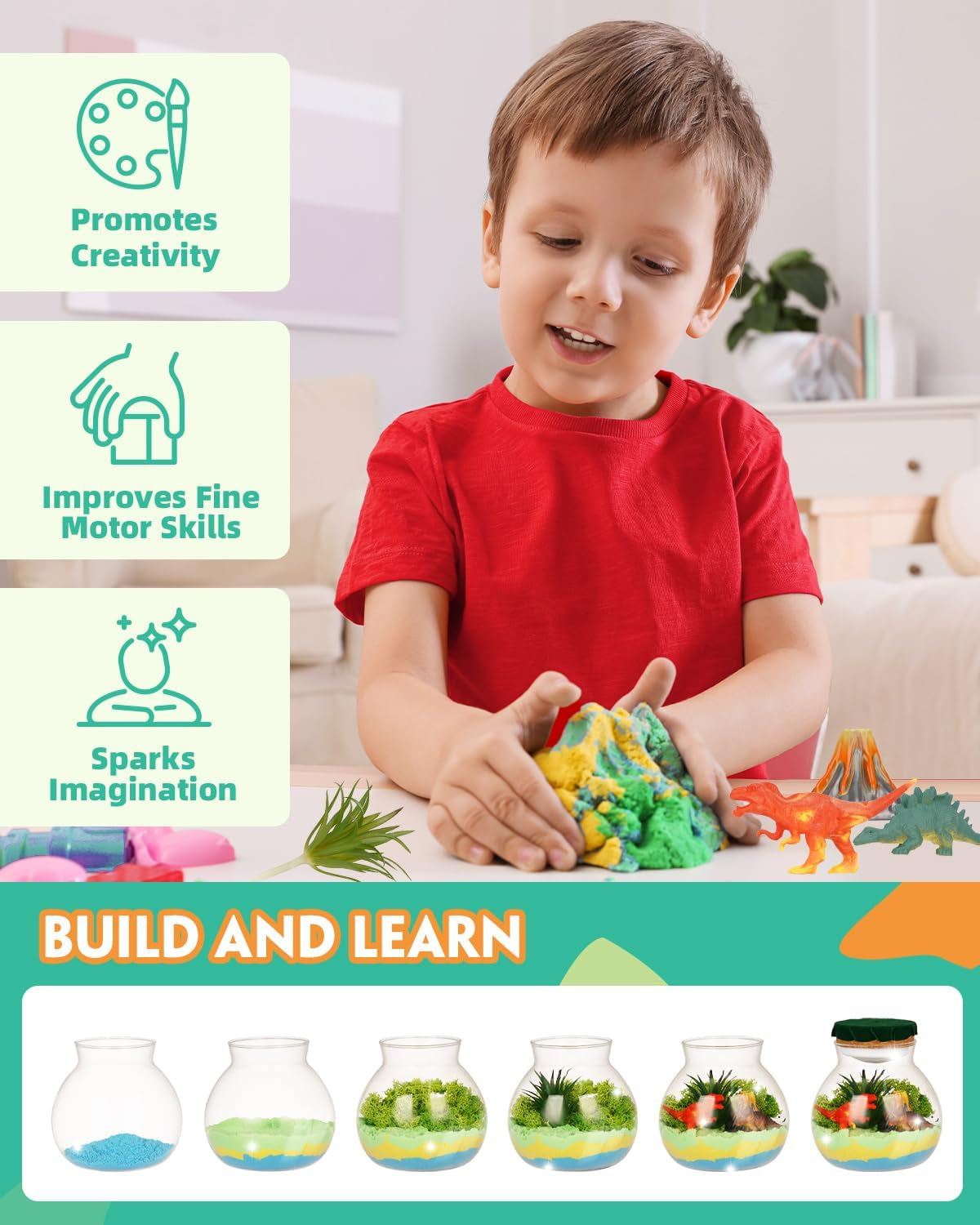 Illuminated Dinosaur Terrarium Kit for Children - DIY Arts & Crafts for Ages 4+LED Night Light with Remote Control