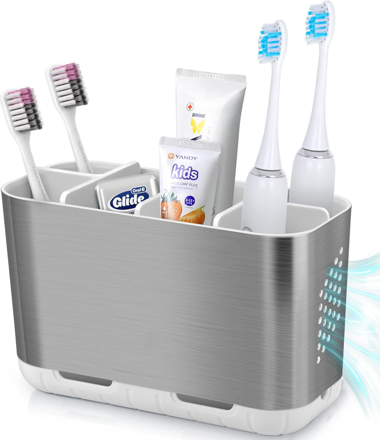 Brushed Nickel Toothbrush and Toothpaste Organizer Caddy with Adjustable Dividers for Bathroom and Kitchen Storage (Silver)