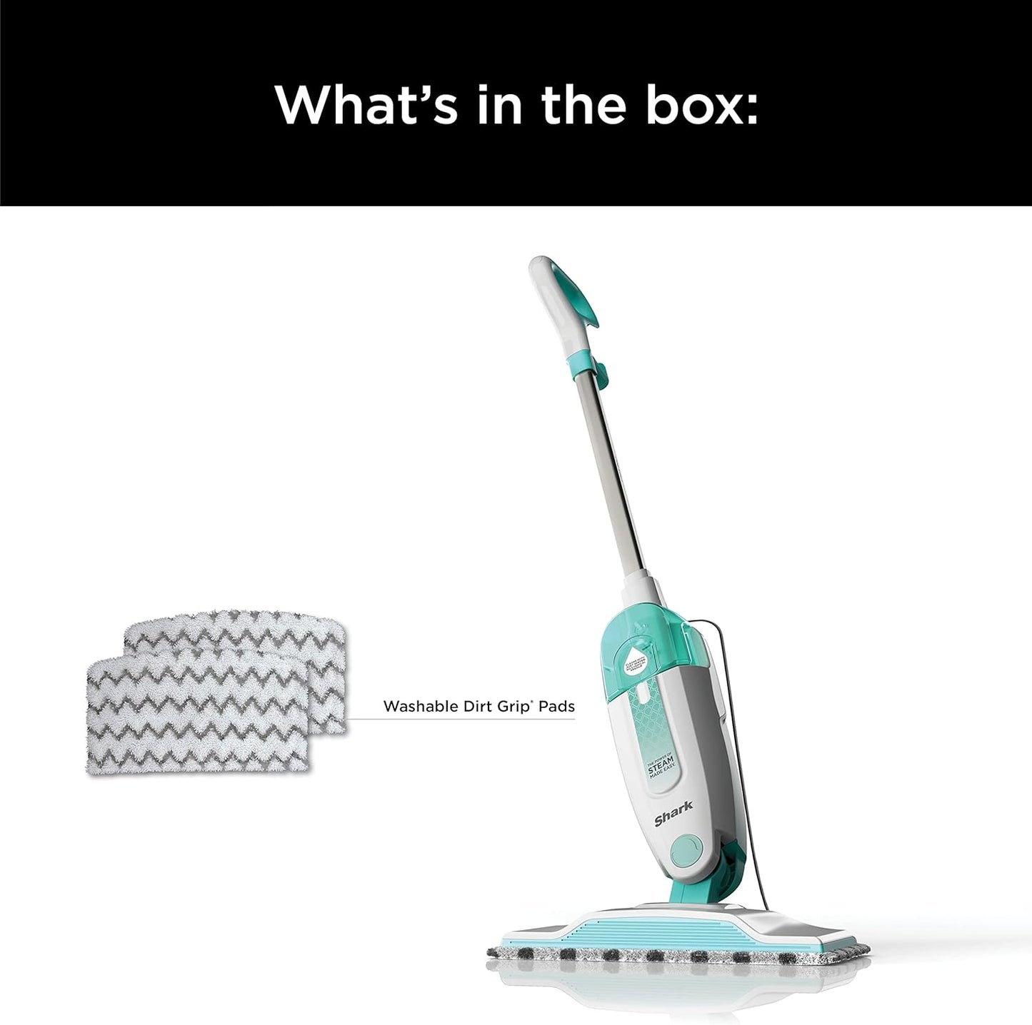 Lightweight Steam Mop with Two Machine Washable Dirt Grip Pads, Safe for All Sealed Hard Floors, Removable Water Tank, White/Seafoam