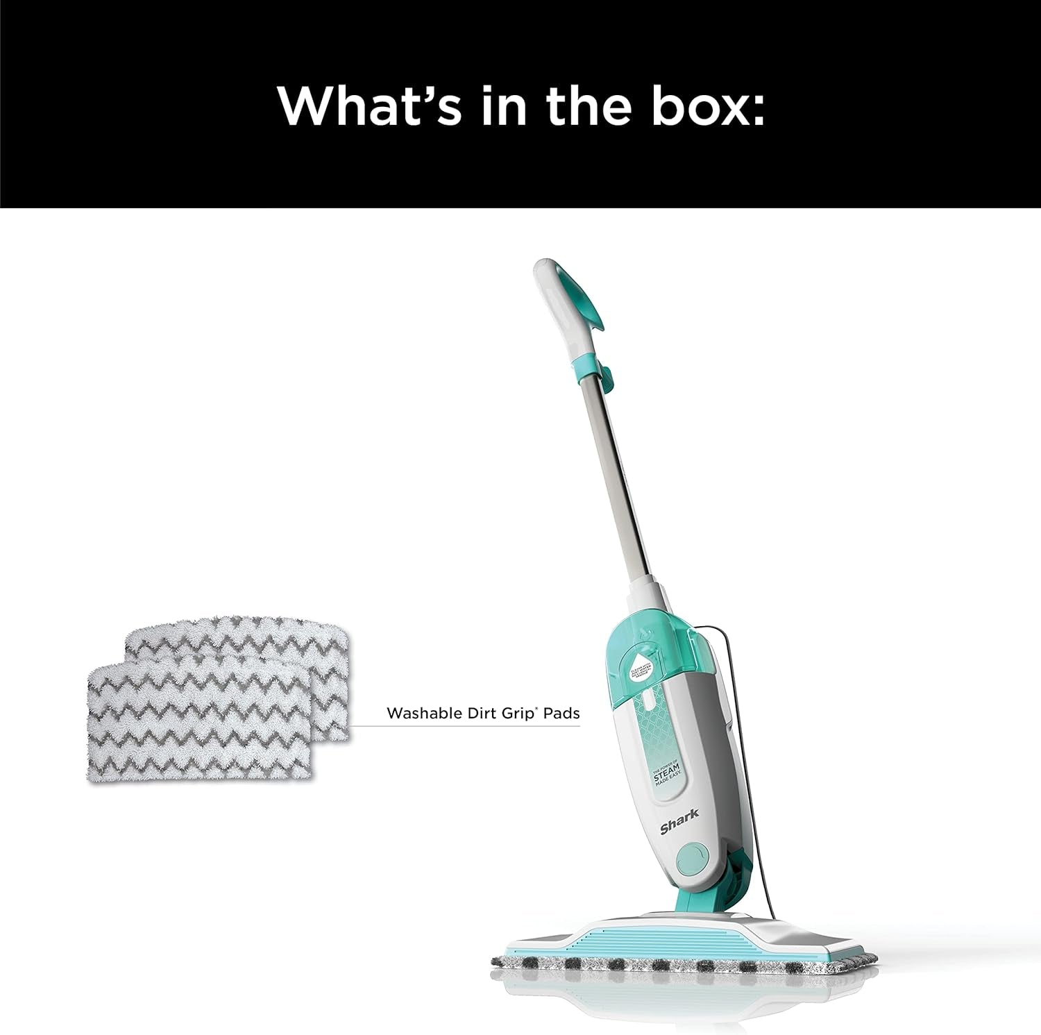 Lightweight Steam Mop with Two Machine Washable Dirt Grip Pads, Safe for All Sealed Hard Floors, Removable Water Tank, White/Seafoam