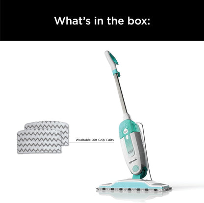 Lightweight Steam Mop with Two Machine Washable Dirt Grip Pads, Safe for All Sealed Hard Floors, Removable Water Tank, White/Seafoam