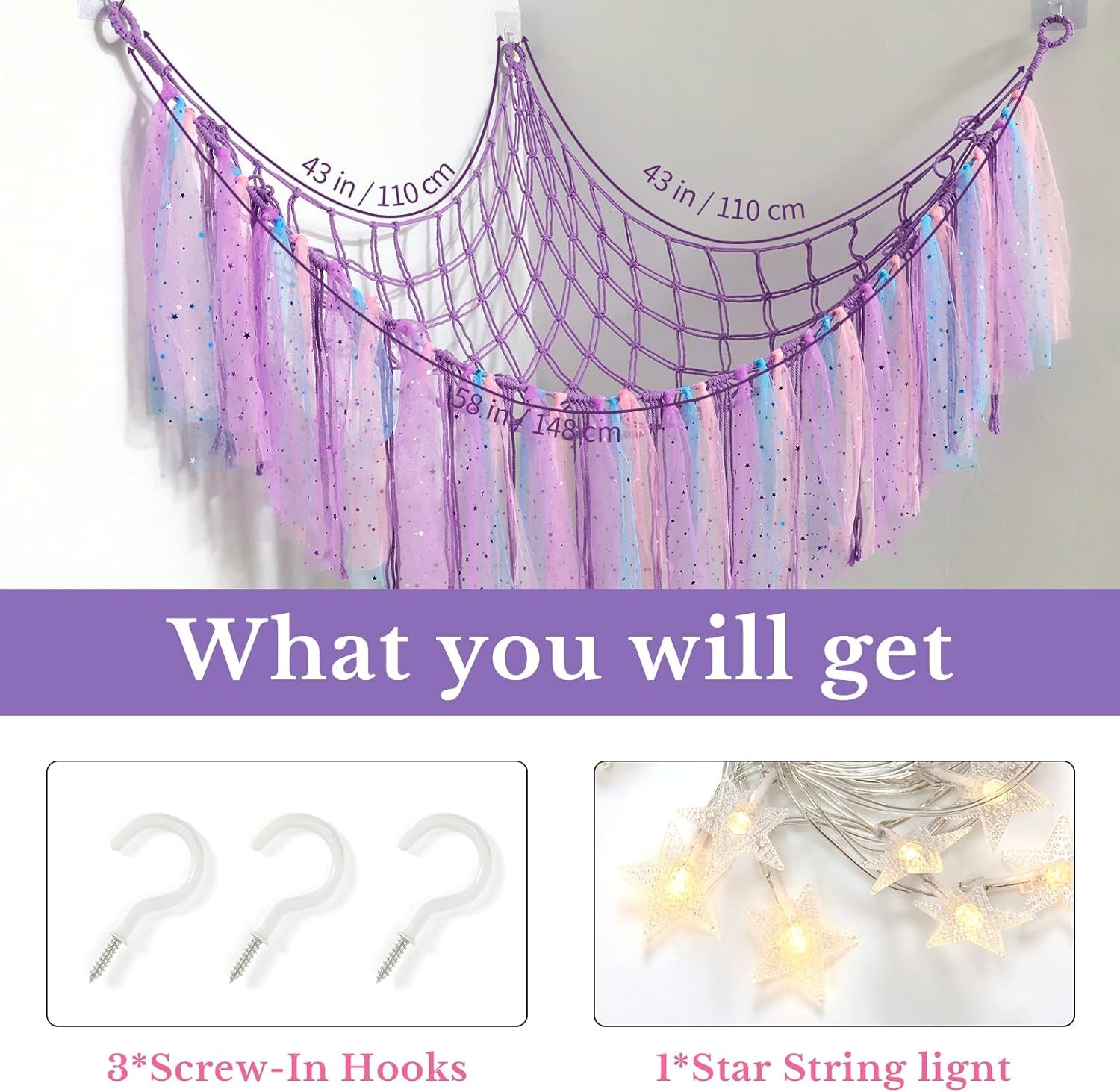 Stuffed Animals Storage - Fairy Lights, Toy Hammock, Hanging Storage Organizer, Holder with Lace Tassels 