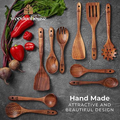 Professional Wooden Cooking Utensil Set - 10-Piece Teak Wood Kitchen Tools for Nonstick Cookware, Lightweight and Heat Resistant