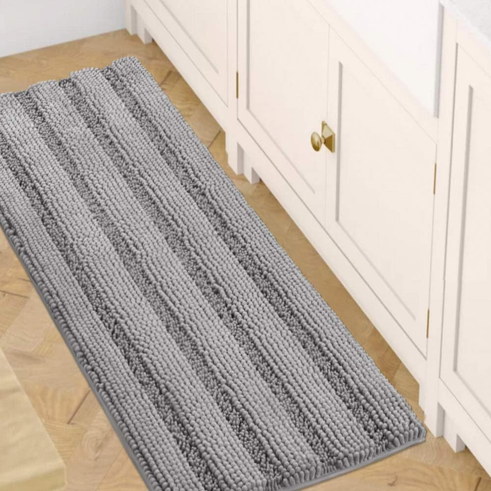 Set of 2 Striped Anti-Slip Bath Mats - Soft Plush Chenille Shaggy Floor Mats  - Water Absorbent (Grey, 32 x 20 & 24 x 17 Inches)