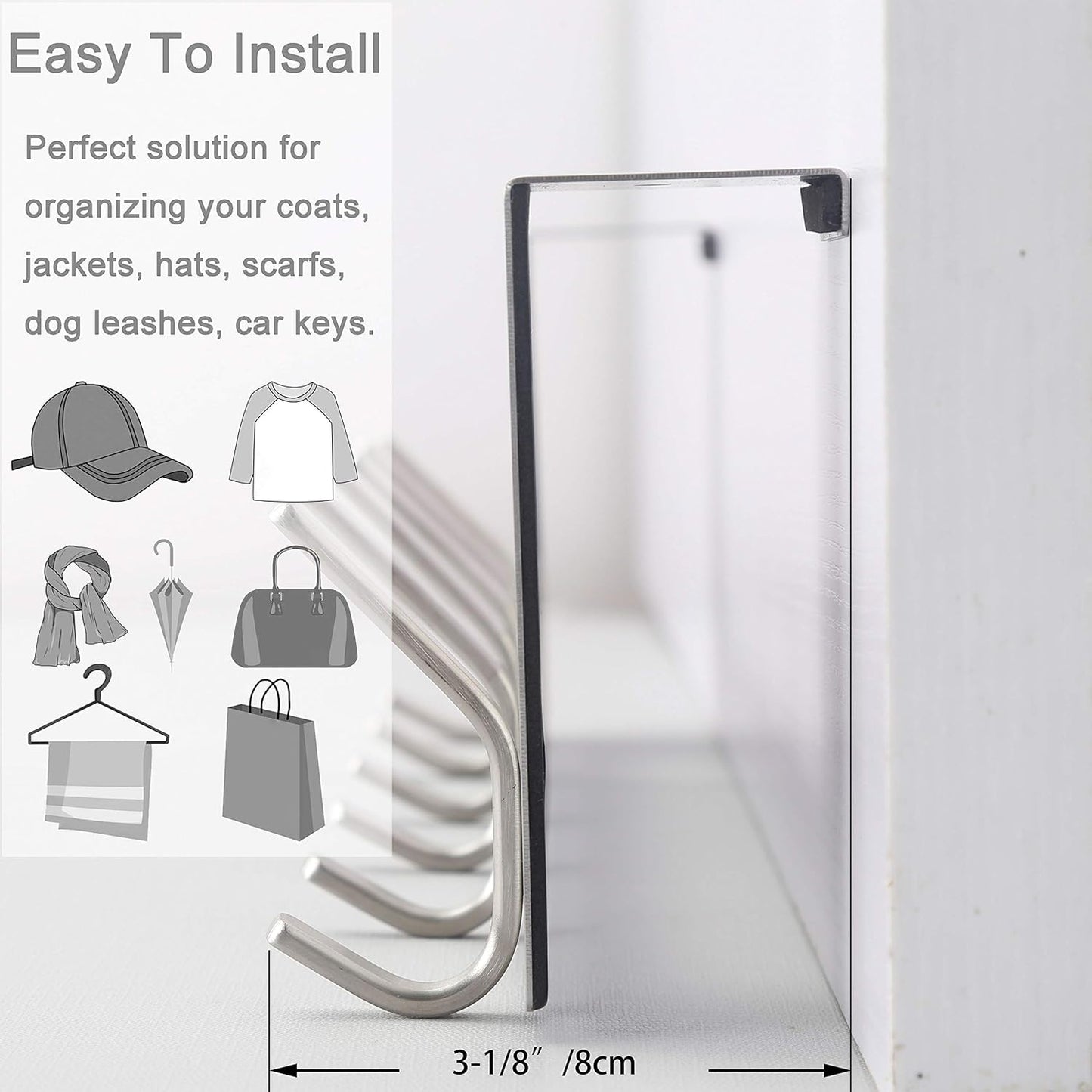 over the Door Hook Door Hanger:Over the Door Towel Rack with 6 Hooks for Hanging Coats,Door Coat Hanger Towel Hanger over Door Coat Rack for Towels,Clothes,Back of Bathroom,Silver