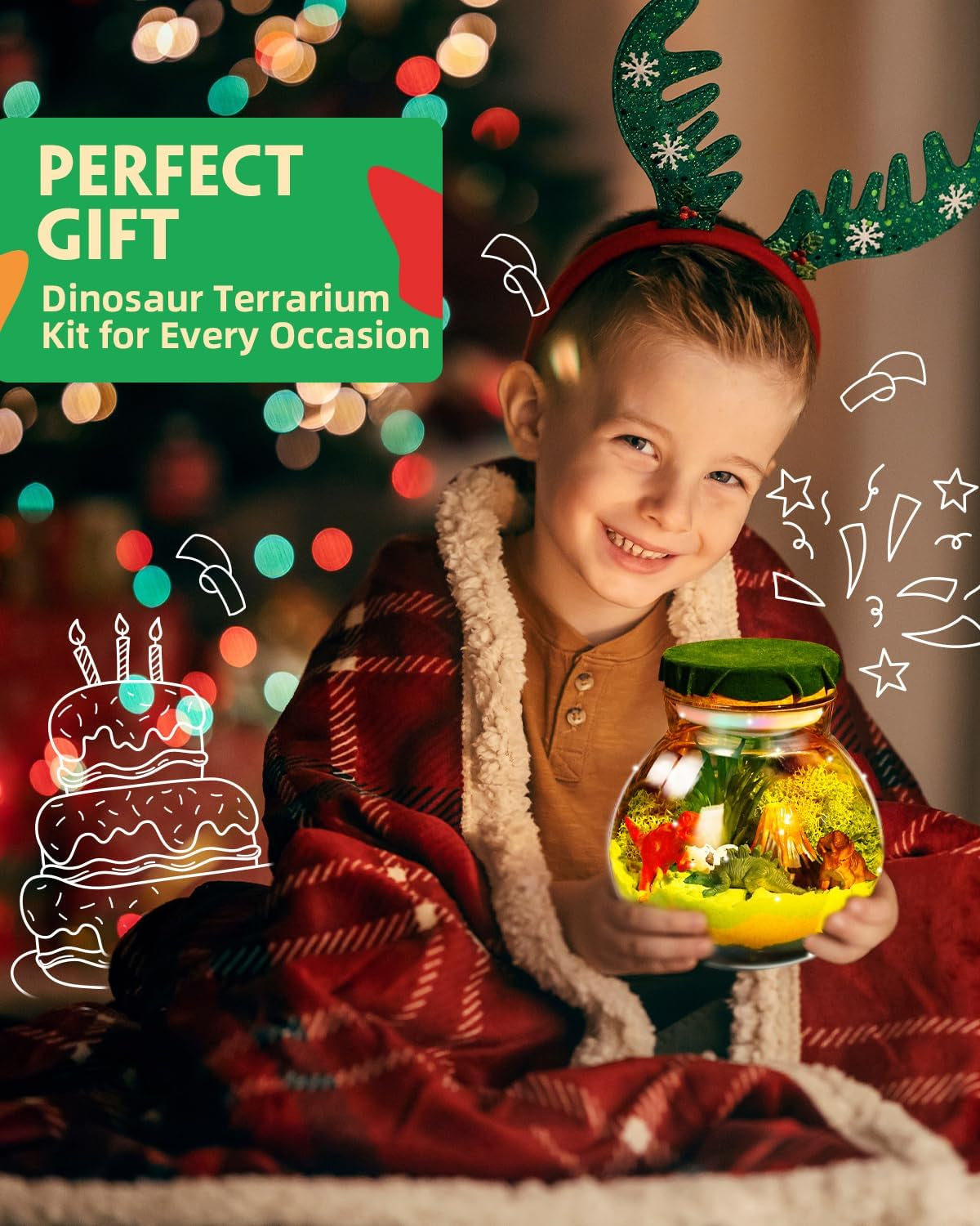 Illuminated Dinosaur Terrarium Kit for Children - DIY Arts & Crafts for Ages 4+LED Night Light with Remote Control