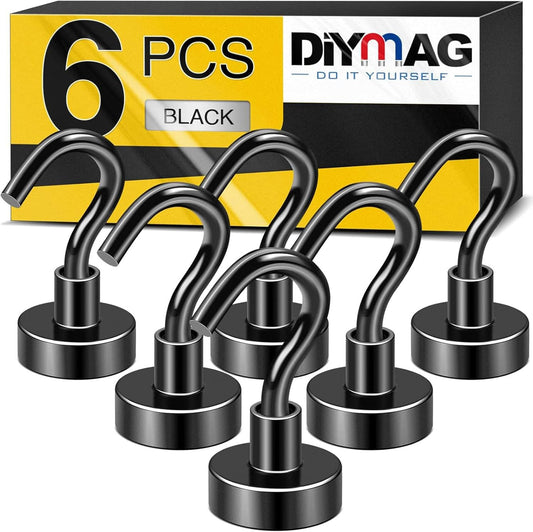 Heavy-Duty Black Magnetic Utility Hooks - 25 lbs Capacity Rare Earth Neodymium Magnet with Nickel Coating, Set of 6 for Kitchen, Office, Classroom, and Garage Use