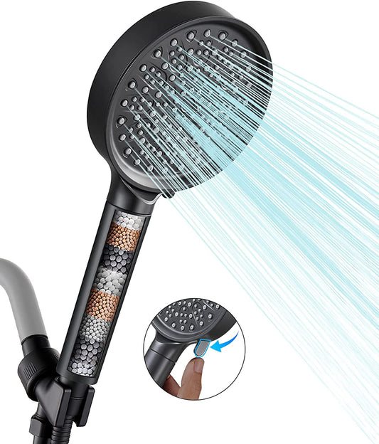 High-Pressure Handheld Shower Head with Filter, 6 Spray Modes, 60" Hose, Bracket, and Water Softener Beads for Chlorine Removal, Black