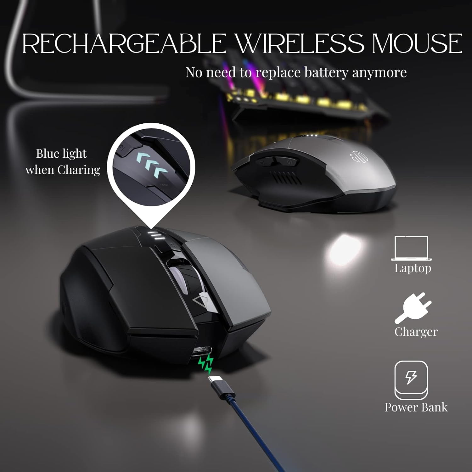 Wireless Mouse,Rechargeable Mouse Wireless 2.4G USB Ergonomic Computer Mouse(Battery Level Visible),Silent Wireless Mice for Laptop PC Computer, 3 Levels Dpi(Black)