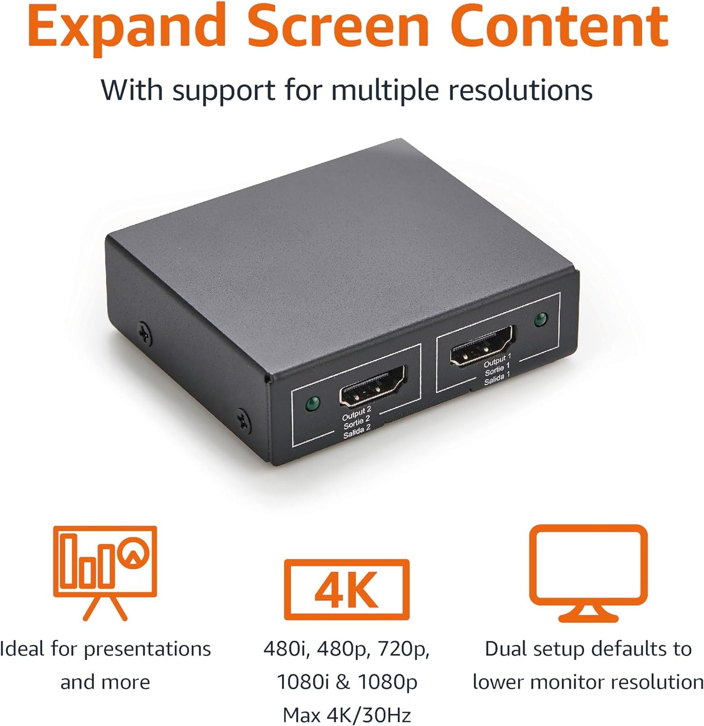 HDMI Splitter 1x2, 4K@30Hz Dual Monitor Support, Mirroring Function, Black