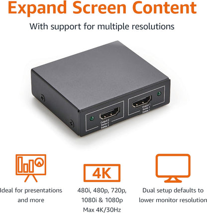 HDMI Splitter 1x2, 4K@30Hz Dual Monitor Support, Mirroring Function, Black