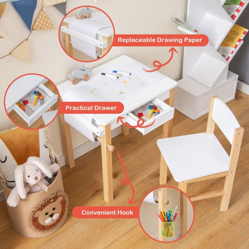 Children's Art Table and Chair Set with Storage Drawer, Paper Roll, and Two Markers