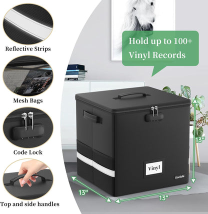 Vinyl Record Storage Box-Lock, Fireproof, Water-Resistant Organizer-100+12-Inch Singles, Collapsible Crate, Lid, Handles 