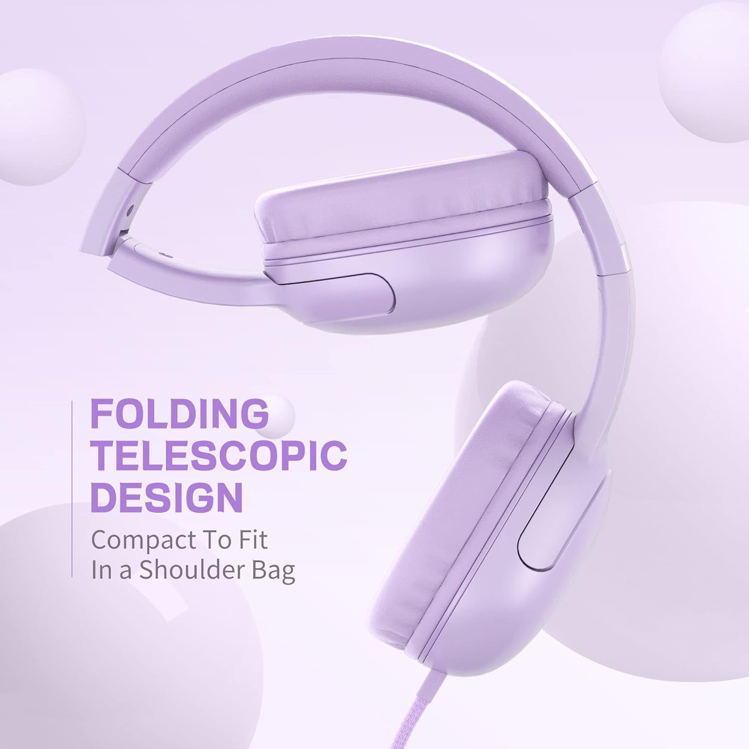 Foldable Wired Headphones for Kids with Tangle-Free Nylon Wire and 3.5mm Jack - Stereo On-Ear Headsets for Tablets, iPads, and Travel (Purple)
