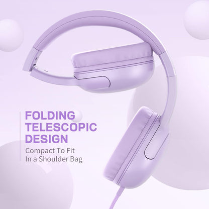 Foldable Wired Headphones for Kids with Tangle-Free Nylon Wire and 3.5mm Jack - Stereo On-Ear Headsets for Tablets, iPads, and Travel (Purple)