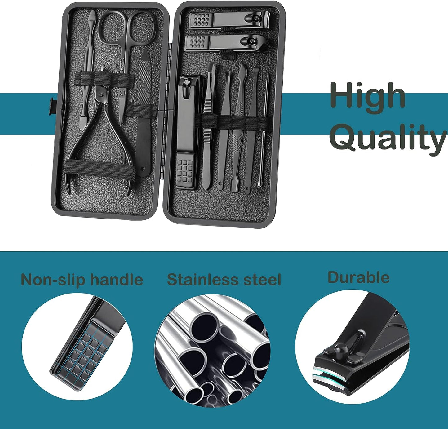 Professional 12-Piece Stainless Steel Manicure and Pedicure Set with Luxurious Travel Leather Case - (Black)