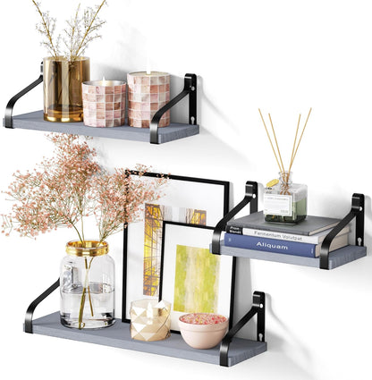 Set of 3 Rustic Wall-Mounted Floating Shelves in Weathered Grey Wood for Versatile Home Decor