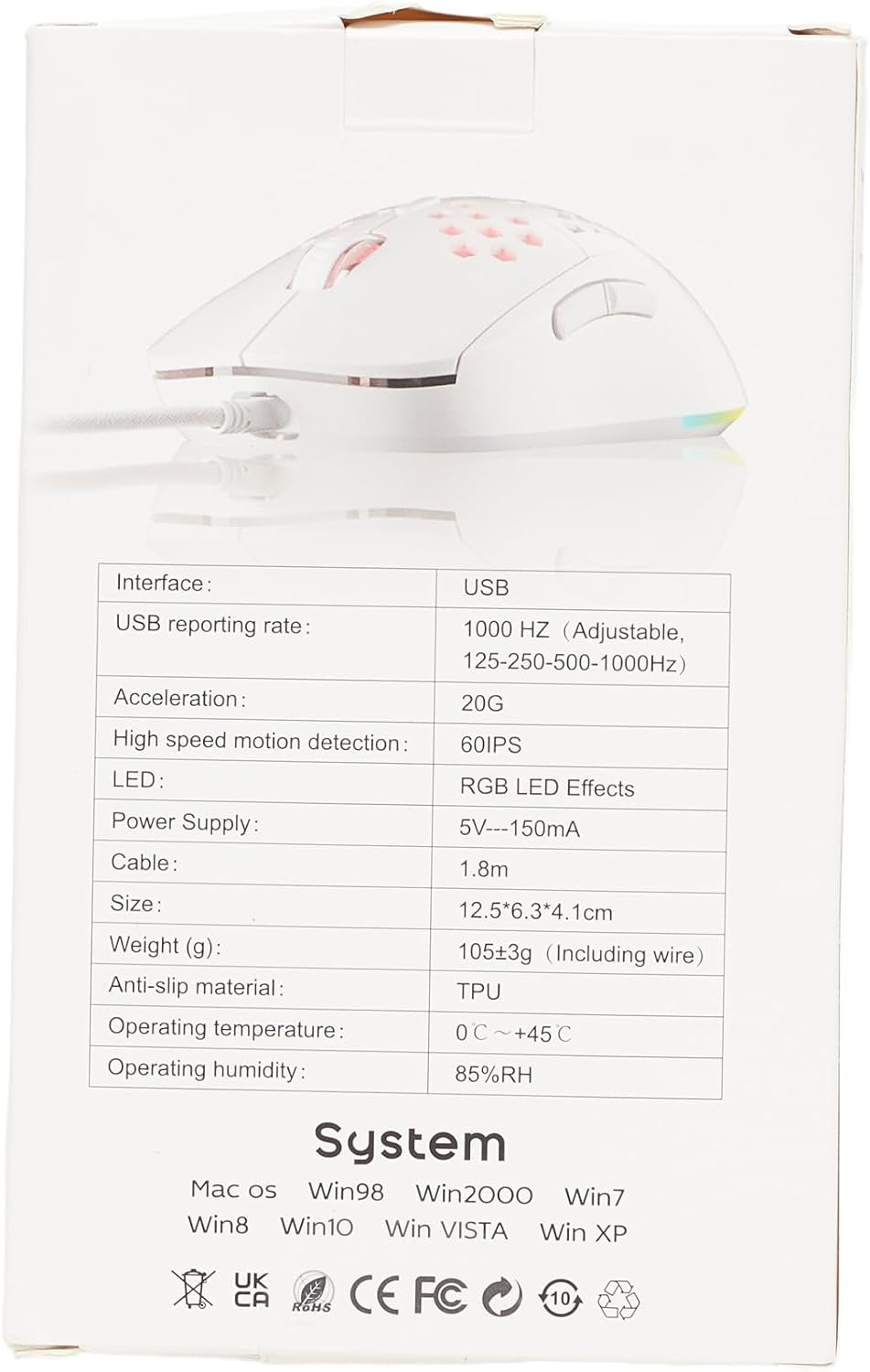 Ultralight Honeycomb Gaming Mouse with High-Precision 12800DPI Optical Sensor, 6 Programmable Buttons, Customizable RGB Lighting, Drag-Free Paracord, Ergonomic Design - Matte White
