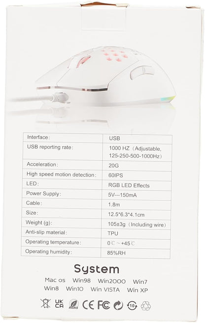 Ultralight Honeycomb Gaming Mouse with High-Precision 12800DPI Optical Sensor, 6 Programmable Buttons, Customizable RGB Lighting, Drag-Free Paracord, Ergonomic Design - Matte White
